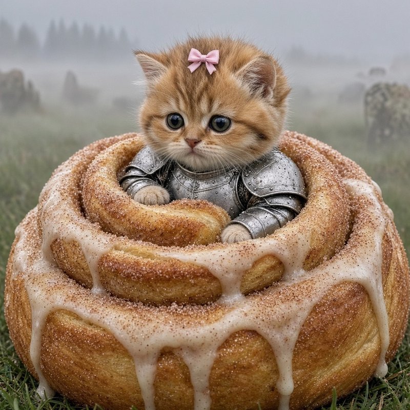 An orange kitten with a pink bow, wearing silver armor, sitting inside a glazed cinnamon roll in a foggy field